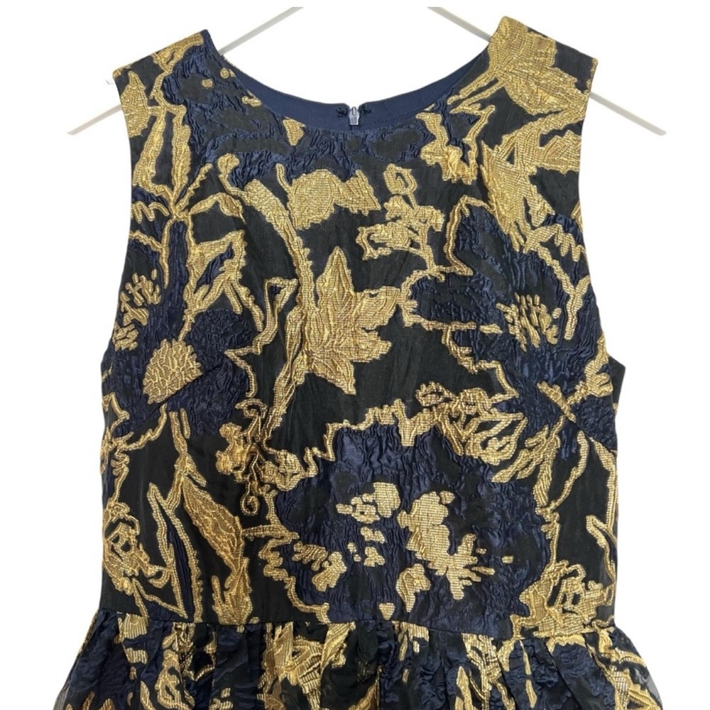NEW NWT Mac Duggal Cocktail Dress Gown Blue Gold Brocade Size 10 Ruffle - Picture 8 of 15